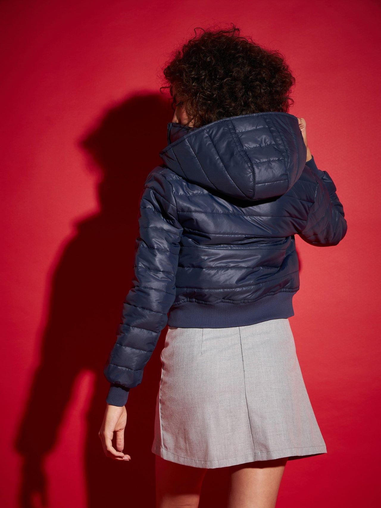Lyush Women Navy Hooded Crop Bomber Jacket - Distacart