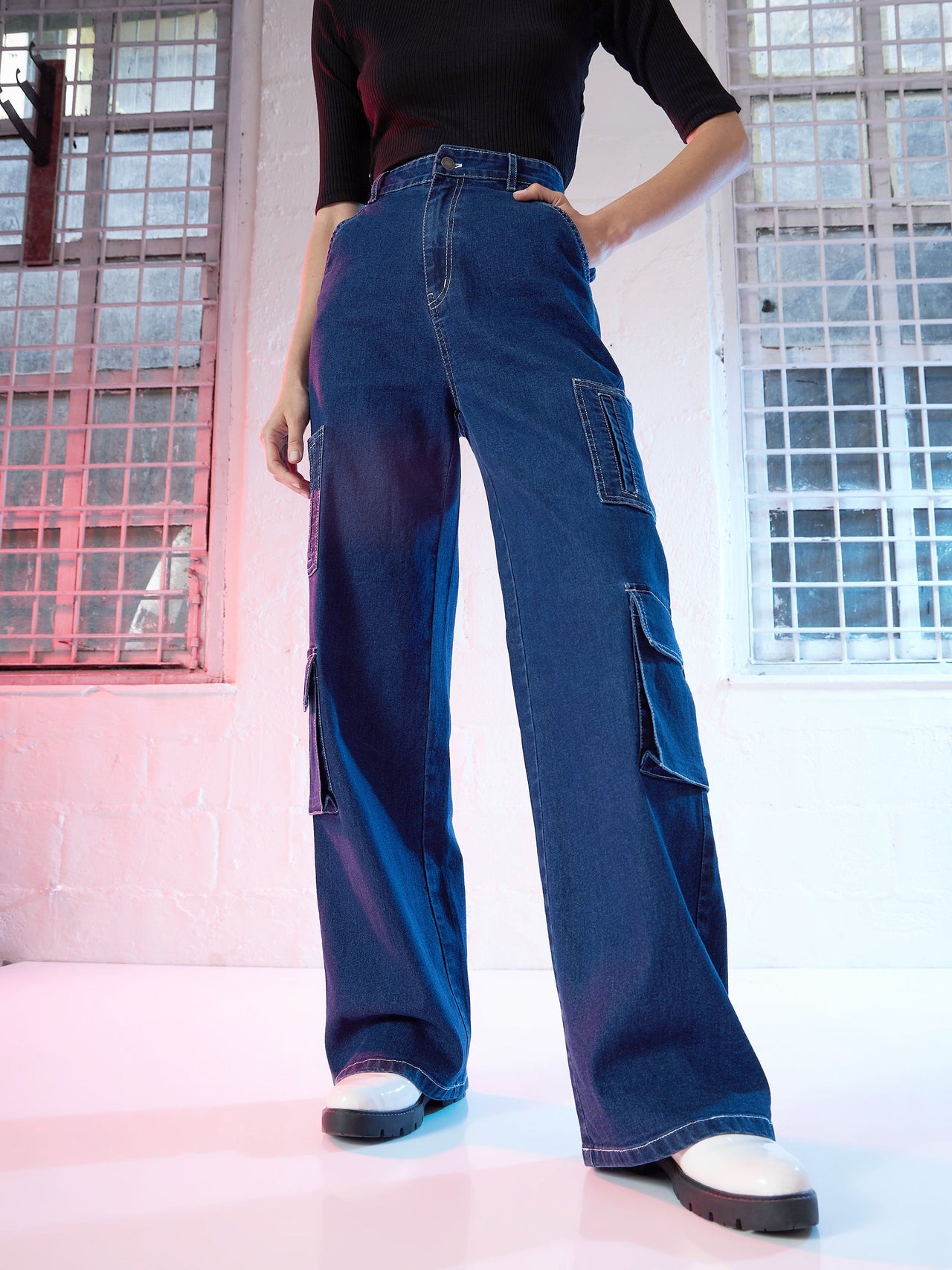 Lyush Women Blue Contrast Stitch Cargo Jeans - Distacart