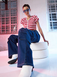 Thumbnail for Lyush Women Blue Contrast Stitch Cargo Jeans - Distacart