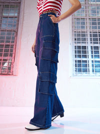 Thumbnail for Lyush Women Blue Contrast Stitch Cargo Jeans - Distacart