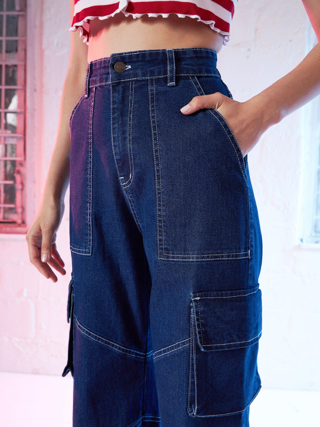 Lyush Women Blue Contrast Stitch Cargo Jeans - Distacart