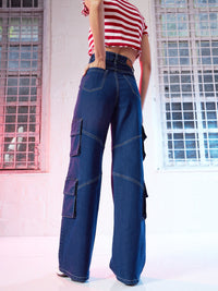Thumbnail for Lyush Women Blue Contrast Stitch Cargo Jeans - Distacart