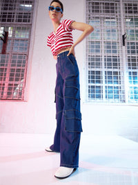 Thumbnail for Lyush Women Blue Contrast Stitch Cargo Jeans - Distacart