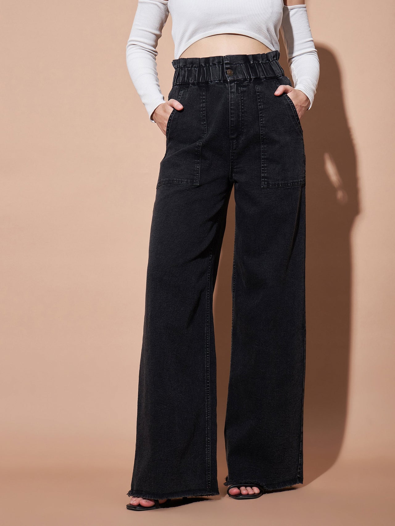 Lyush Women Black Paper Bag Waist Straight Jeans - Distacart