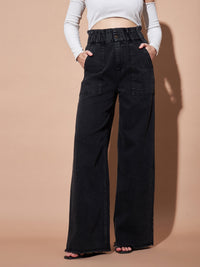 Thumbnail for Lyush Women Black Paper Bag Waist Straight Jeans - Distacart