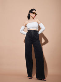 Thumbnail for Lyush Women Black Paper Bag Waist Straight Jeans - Distacart