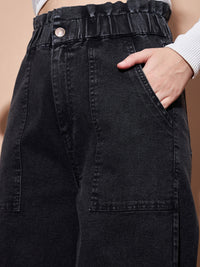 Thumbnail for Lyush Women Black Paper Bag Waist Straight Jeans - Distacart