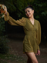 Thumbnail for Lyush Women Olive Lurex Front Button Romper - Distacart