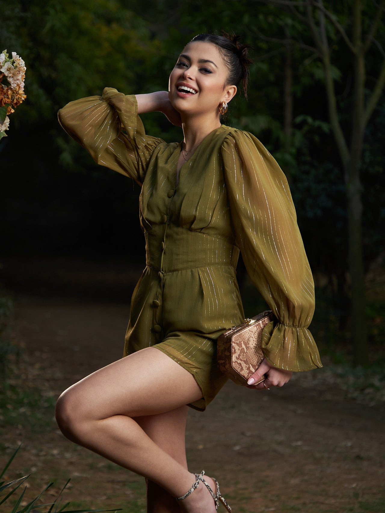 Lyush Women Olive Lurex Front Button Romper - Distacart