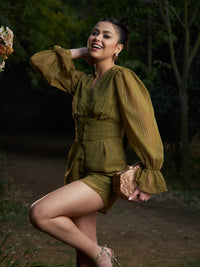 Thumbnail for Lyush Women Olive Lurex Front Button Romper - Distacart