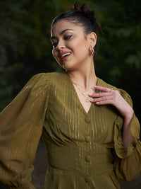 Thumbnail for Lyush Women Olive Lurex Front Button Romper - Distacart