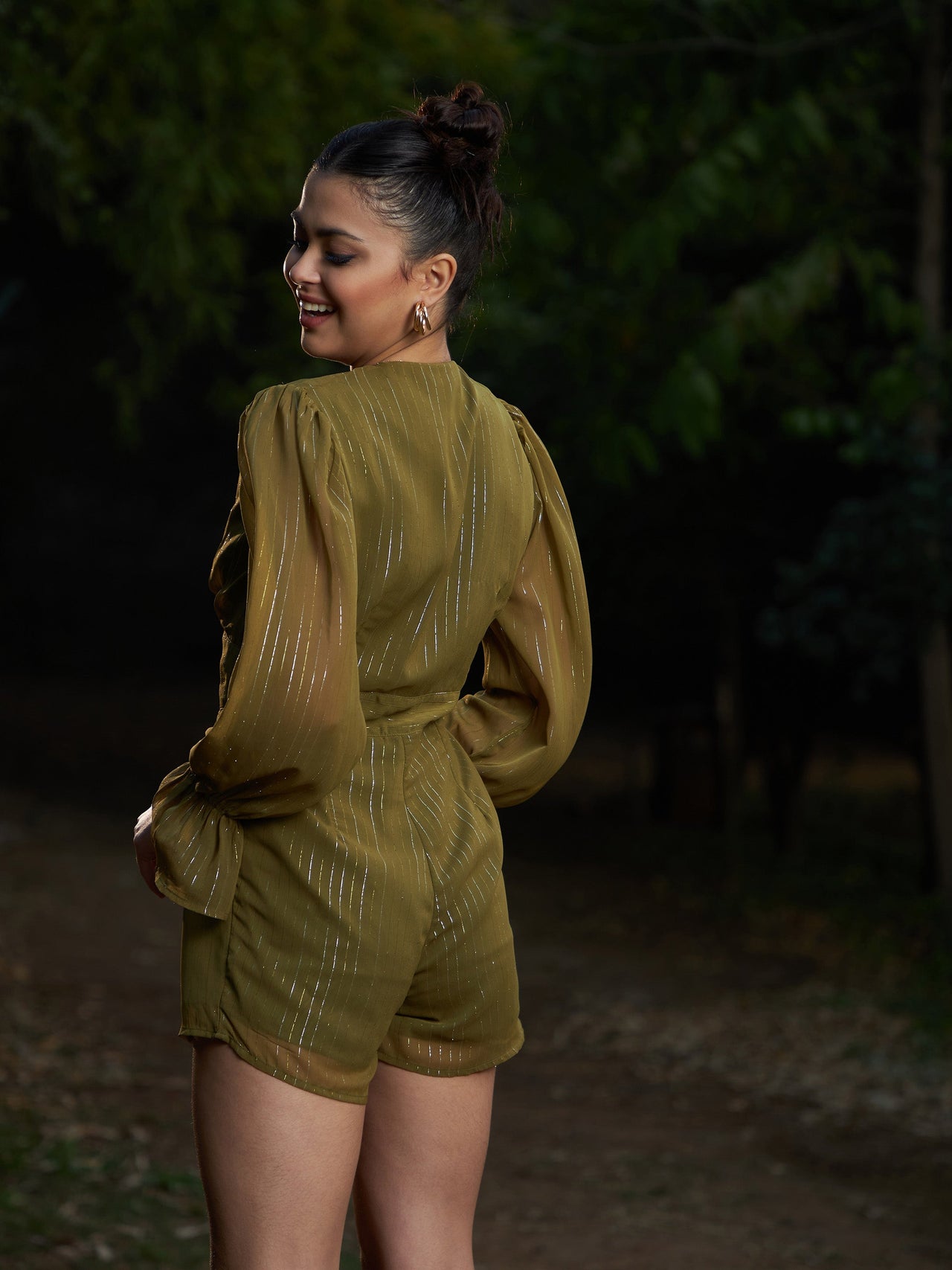Lyush Women Olive Lurex Front Button Romper - Distacart