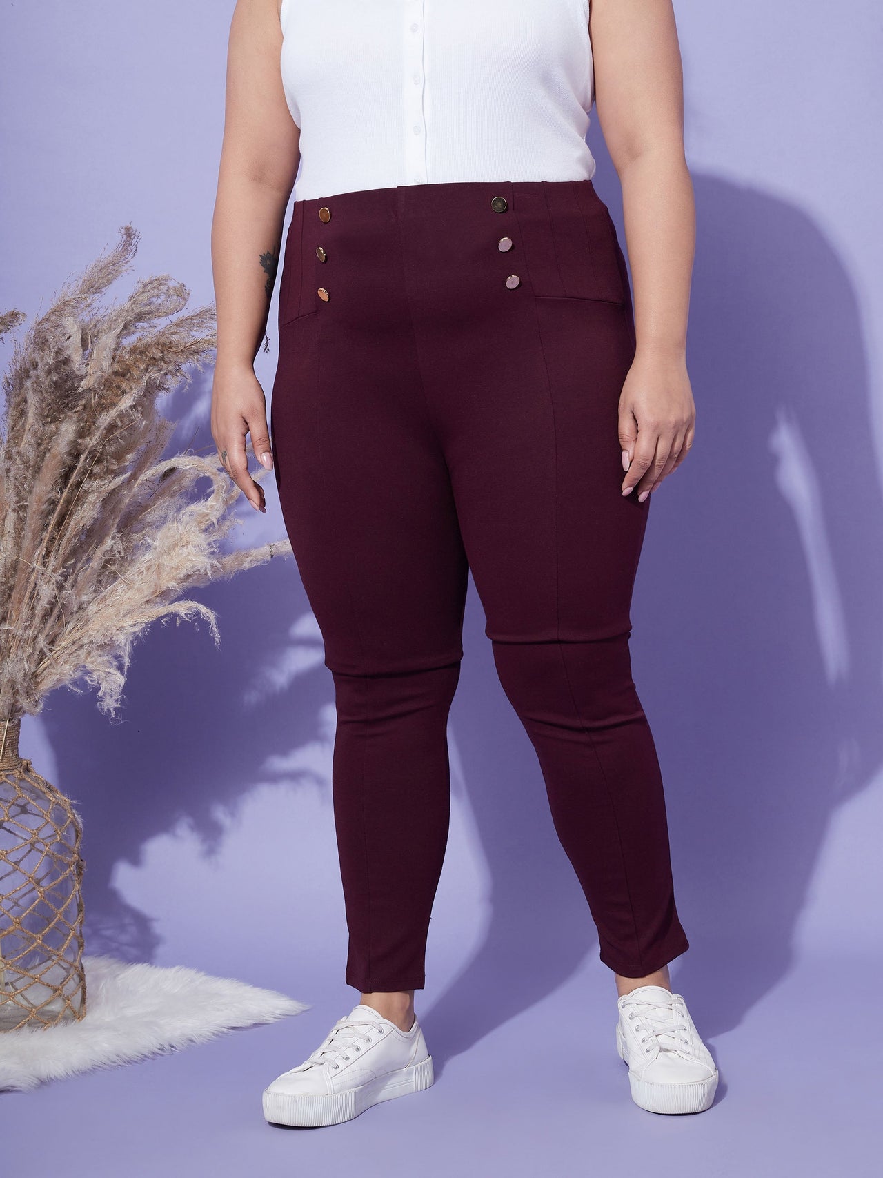 Lyush Women Burgundy Show Button High Waist Jeggings - Distacart