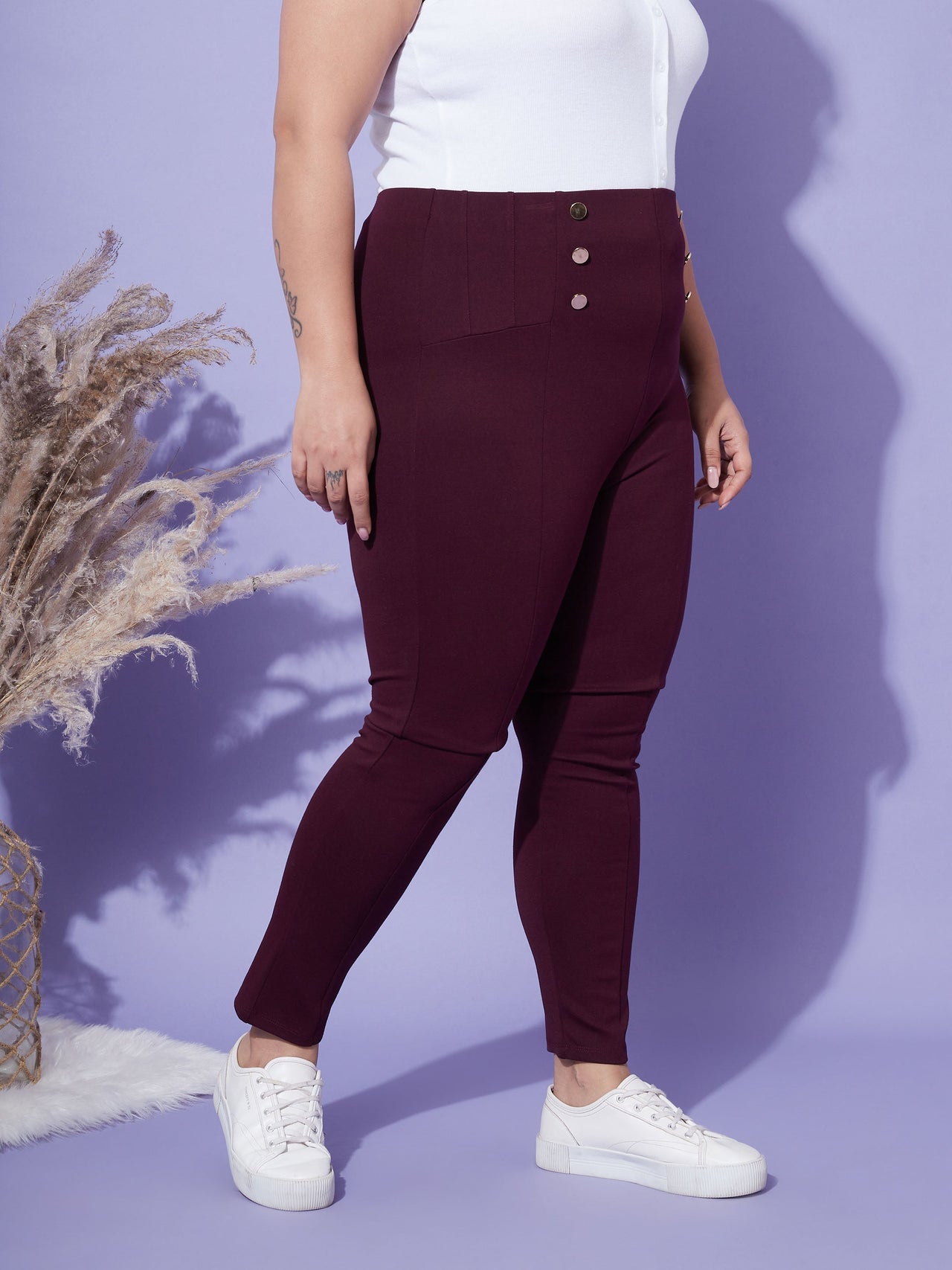 Lyush Women Burgundy Show Button High Waist Jeggings - Distacart