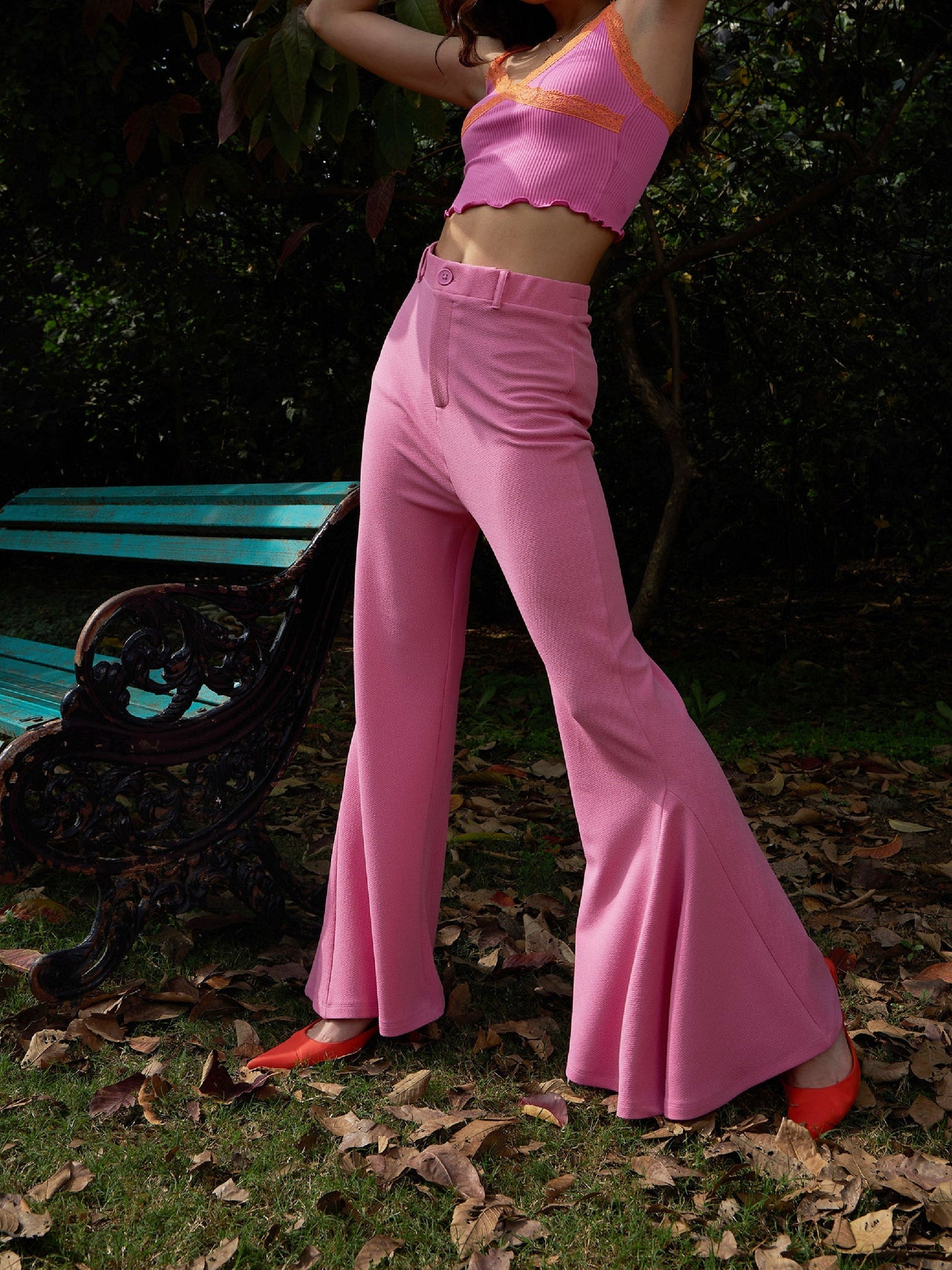 Lyush Women Pink Bell Bottom Kick Pleats Knitted Pants - Distacart