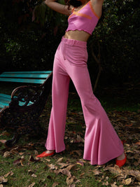 Thumbnail for Lyush Women Pink Bell Bottom Kick Pleats Knitted Pants - Distacart