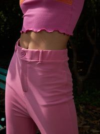 Thumbnail for Lyush Women Pink Bell Bottom Kick Pleats Knitted Pants - Distacart