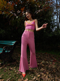 Thumbnail for Lyush Women Pink Bell Bottom Kick Pleats Knitted Pants - Distacart