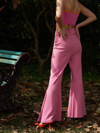 Thumbnail for Lyush Women Pink Bell Bottom Kick Pleats Knitted Pants - Distacart
