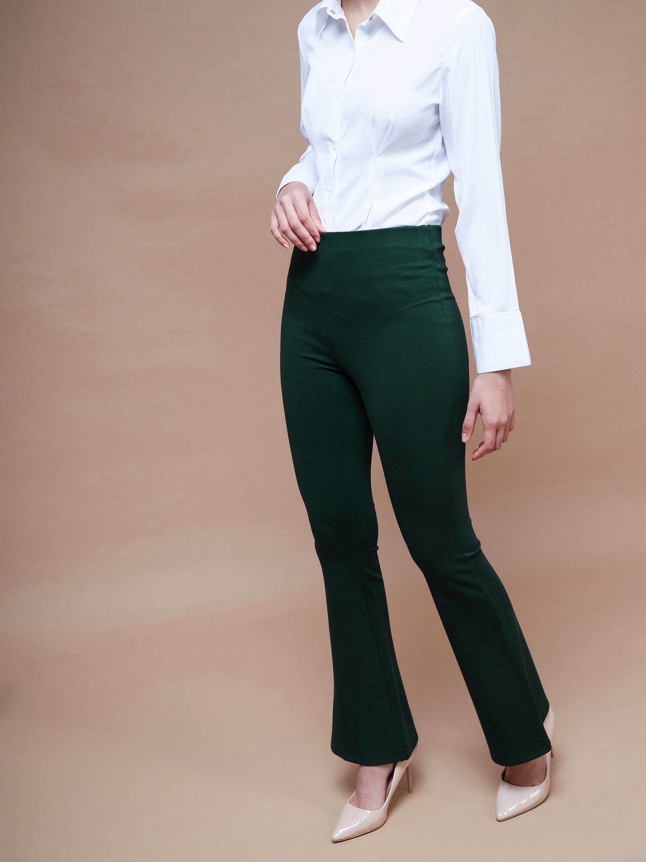 Lyush Women Emerald Green Bell Bottom 4-Way Stretch Pants - Distacart
