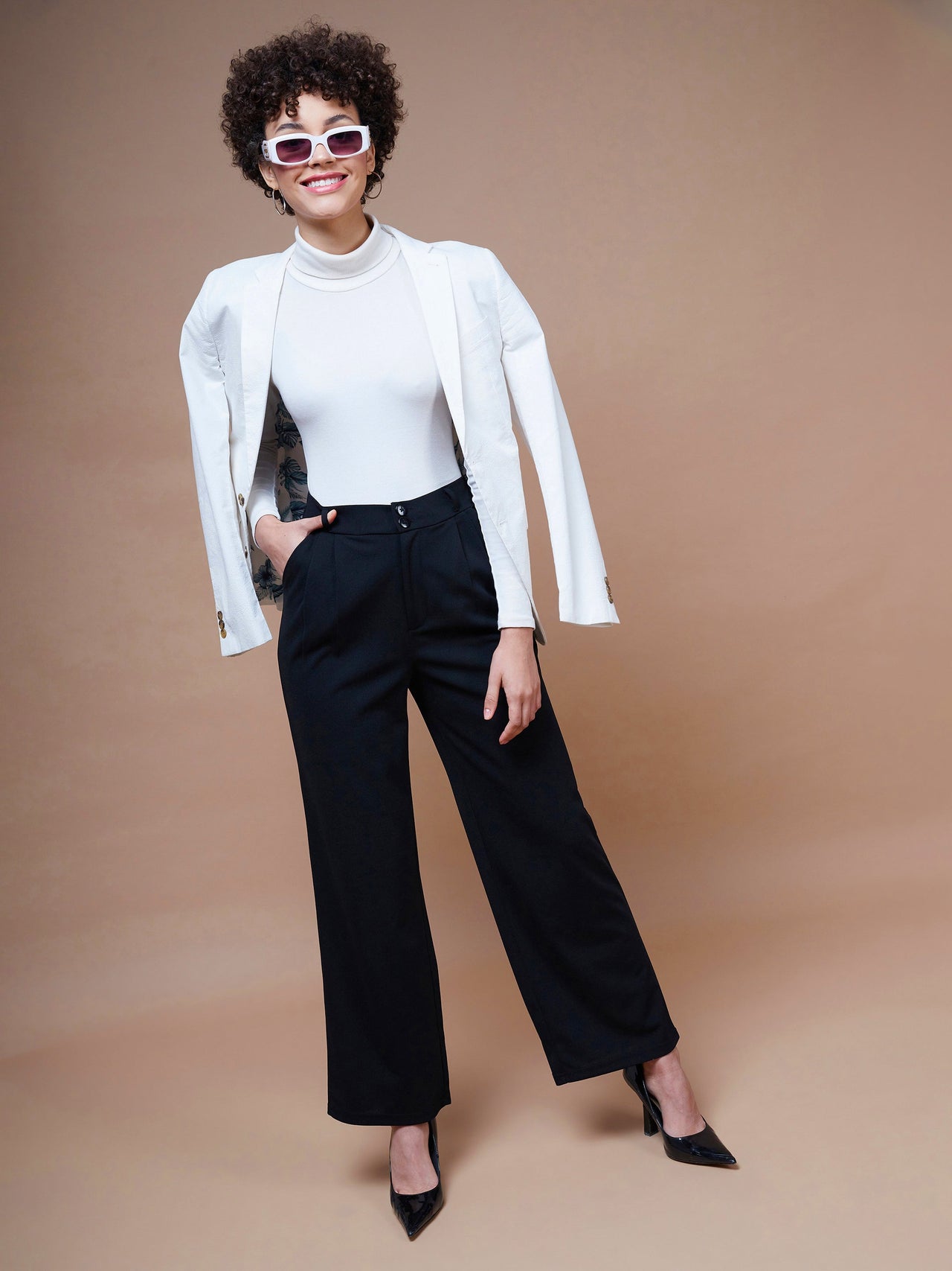 Lyush Women Black Pleated Straight Stretchable Pants - Distacart