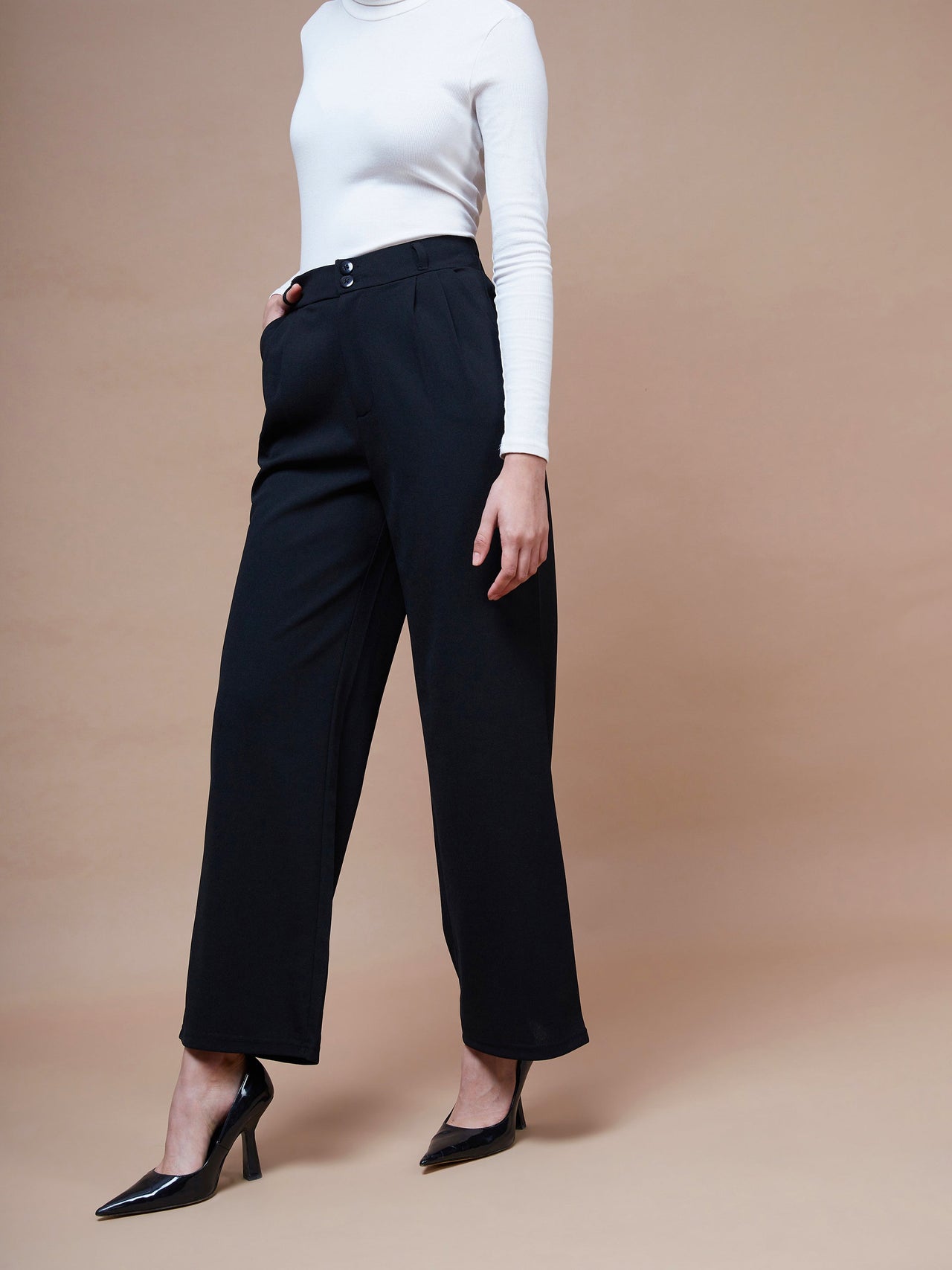 Lyush Women Black Pleated Straight Stretchable Pants - Distacart