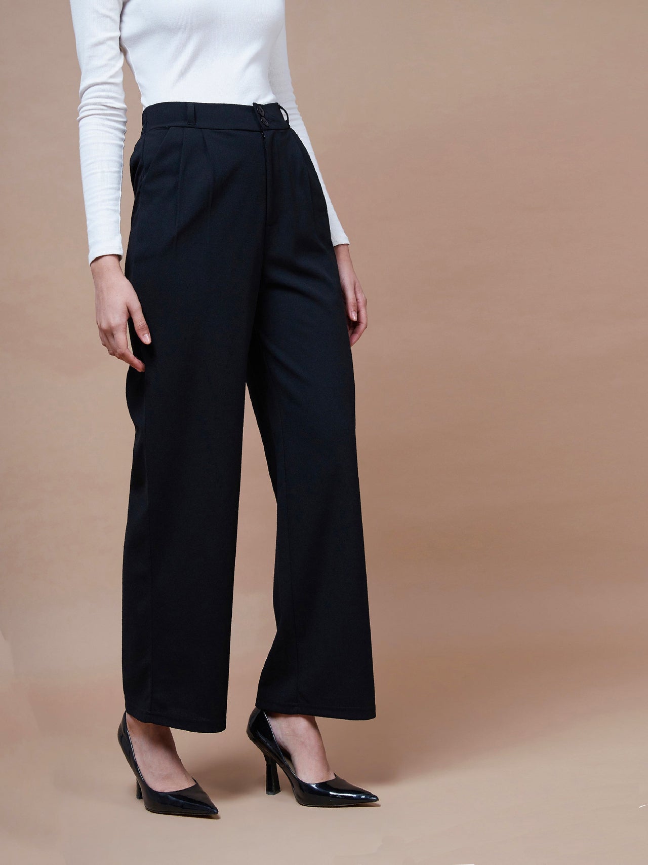 Lyush Women Black Pleated Straight Stretchable Pants - Distacart