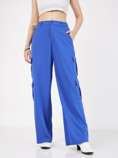 Lyush Women Royal Blue Multi Pocket Detail Cargo Pants - Distacart
