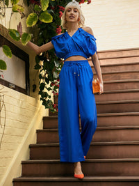 Thumbnail for Lyush Women Royal Blue Strappy V-Neck Crop Top With Palazzos - Distacart
