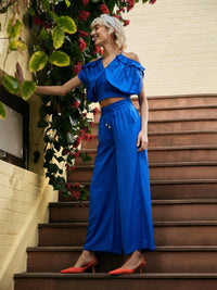 Thumbnail for Lyush Women Royal Blue Strappy V-Neck Crop Top With Palazzos - Distacart