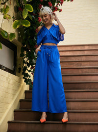Thumbnail for Lyush Women Royal Blue Strappy V-Neck Crop Top With Palazzos - Distacart