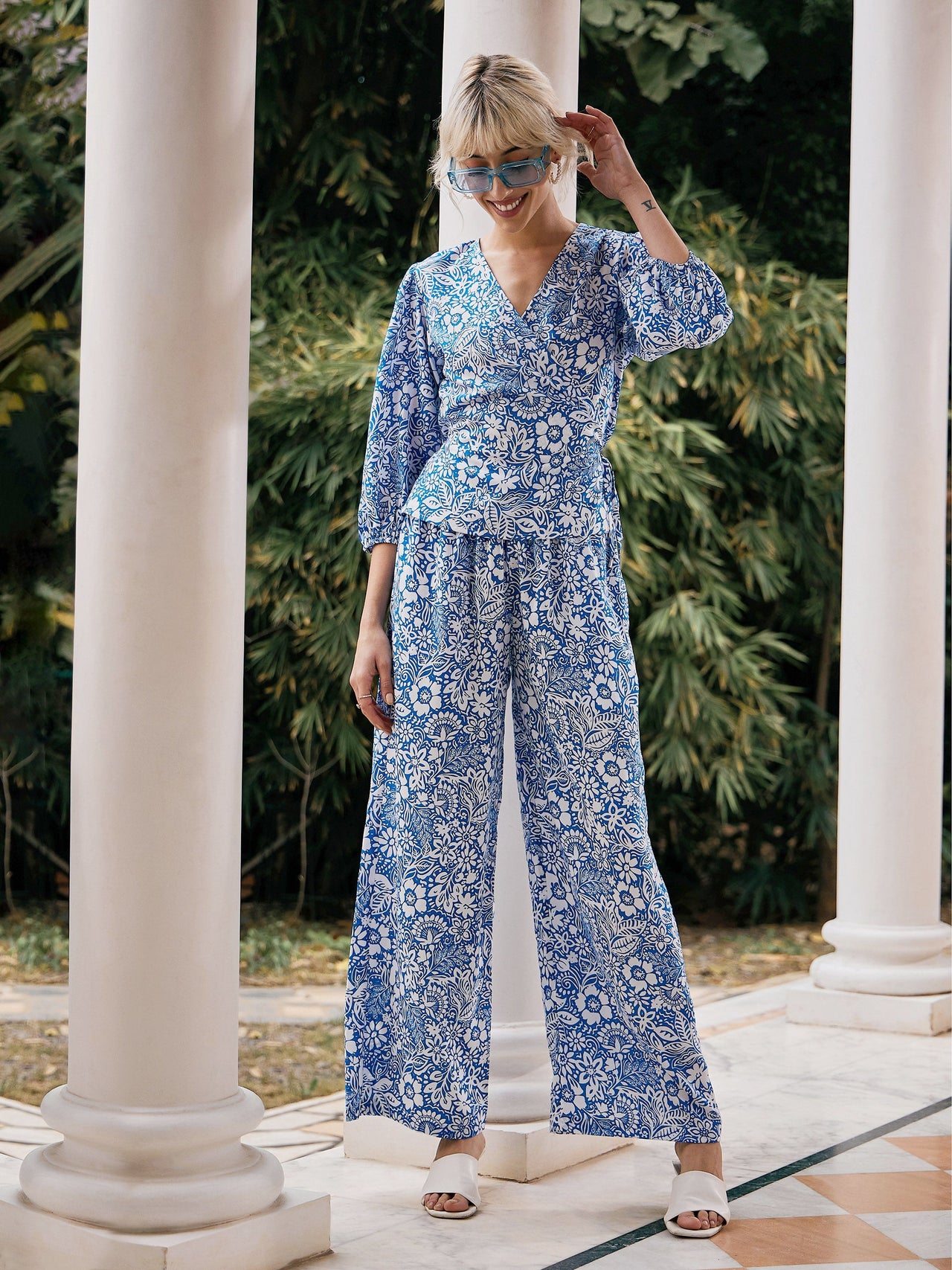 Lyush Women Blue Floral Wrap Top With Palazzos - Distacart