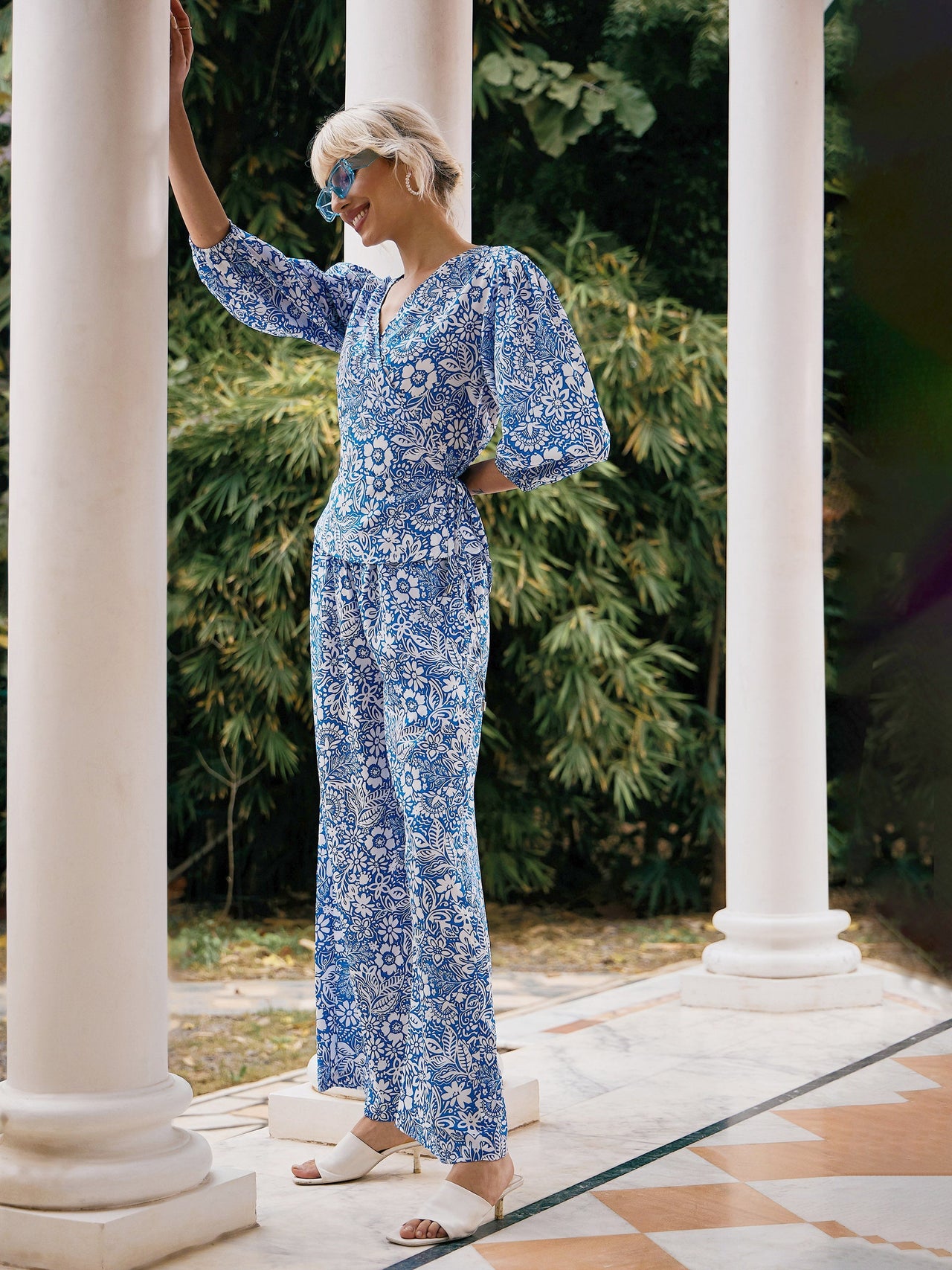 Lyush Women Blue Floral Wrap Top With Palazzos - Distacart