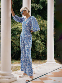 Thumbnail for Lyush Women Blue Floral Wrap Top With Palazzos - Distacart