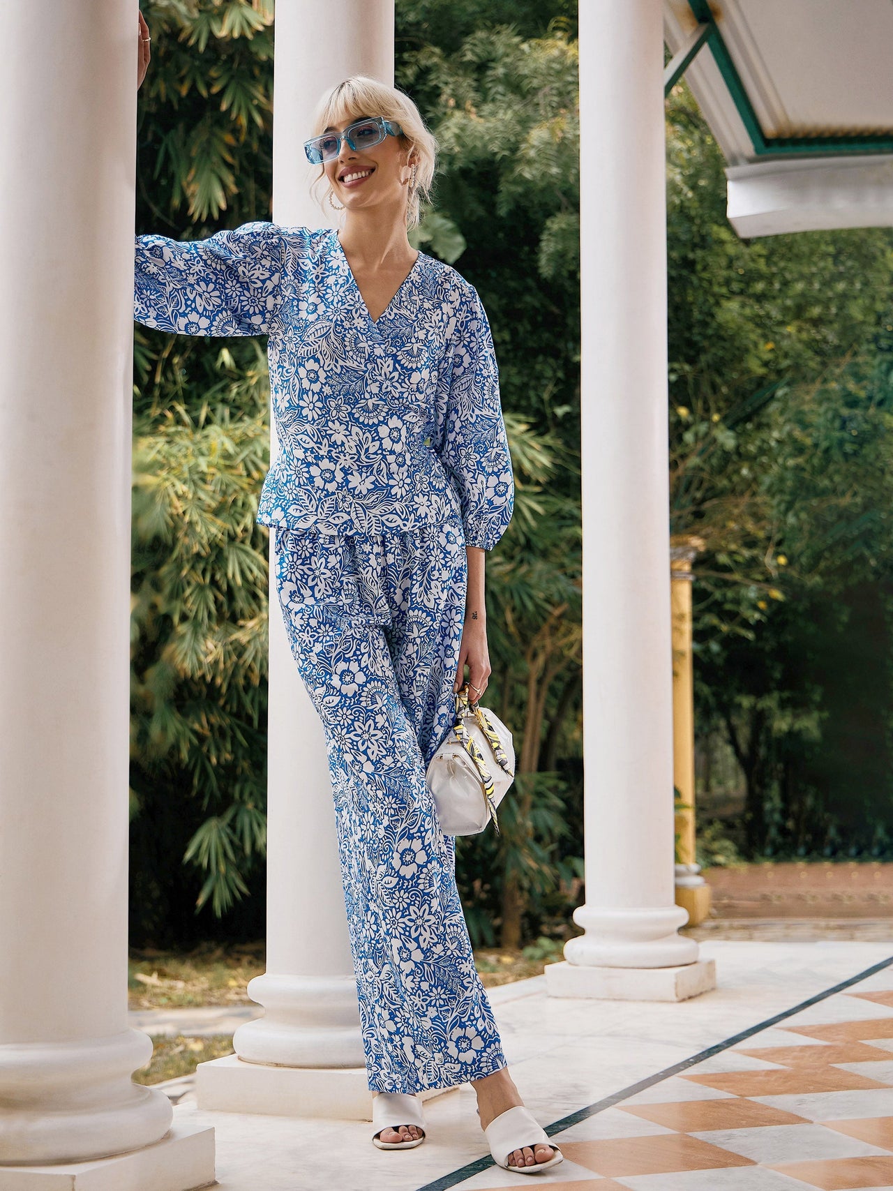 Lyush Women Blue Floral Wrap Top With Palazzos - Distacart