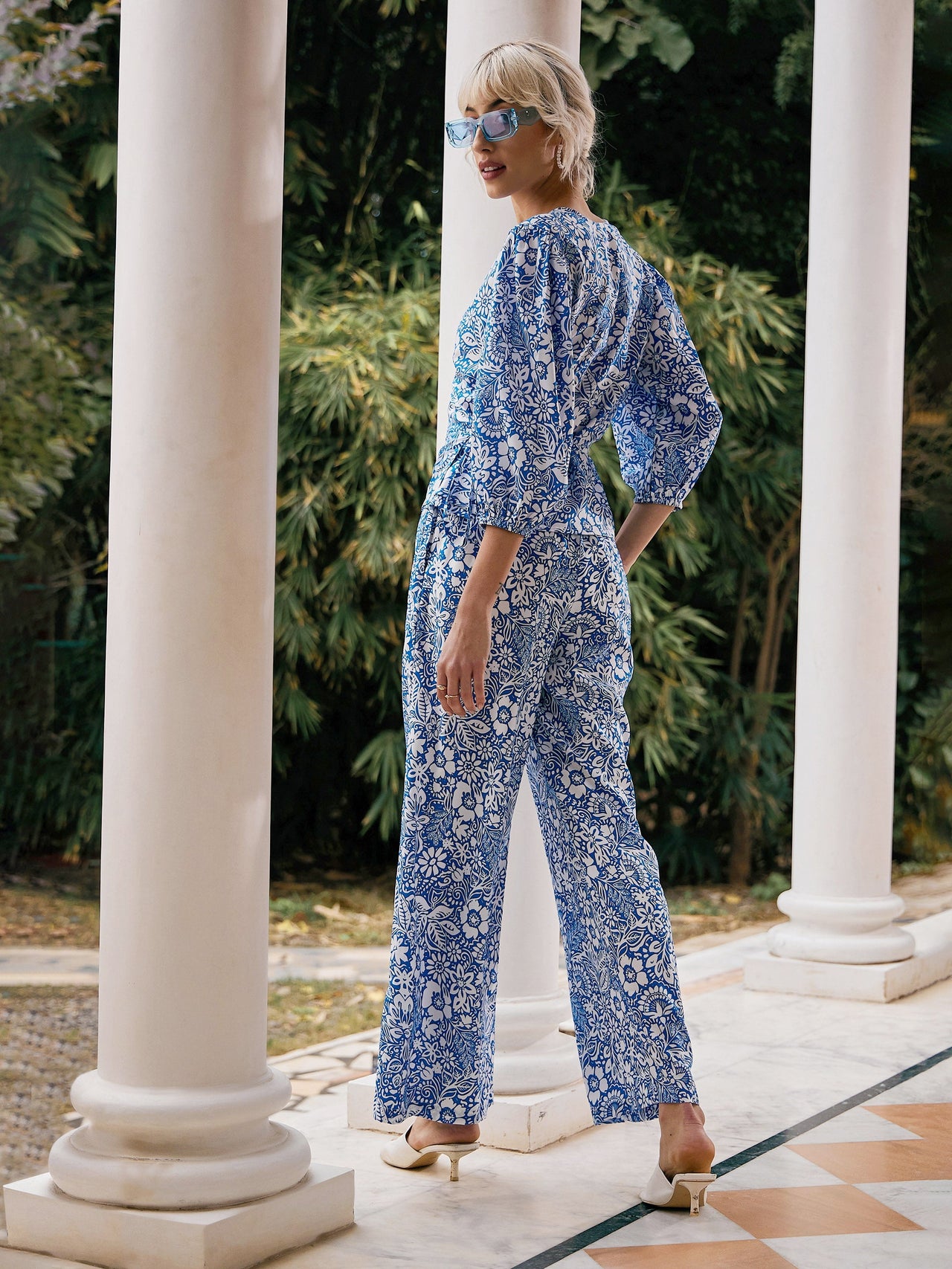 Lyush Women Blue Floral Wrap Top With Palazzos - Distacart