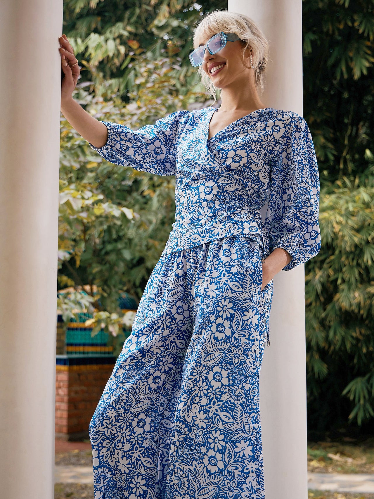 Lyush Women Blue Floral Wrap Top With Palazzos - Distacart