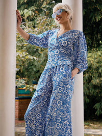 Thumbnail for Lyush Women Blue Floral Wrap Top With Palazzos - Distacart