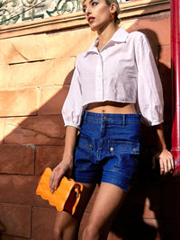 Thumbnail for Lyush Women Navy Denim Front Patch Pocket Shorts - Distacart