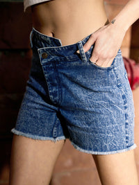 Thumbnail for Lyush Women Blue Denim Wrap Detail High Waist Shorts - Distacart