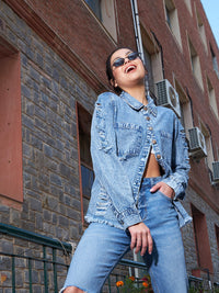 Thumbnail for Lyush Women Blue Denim High Low Distressed Shirt - Distacart