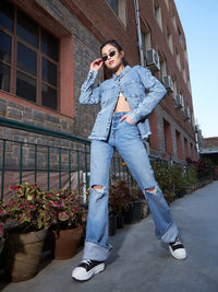 Thumbnail for Lyush Women Blue Denim High Low Distressed Shirt - Distacart