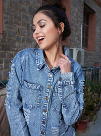 Thumbnail for Lyush Women Blue Denim High Low Distressed Shirt - Distacart