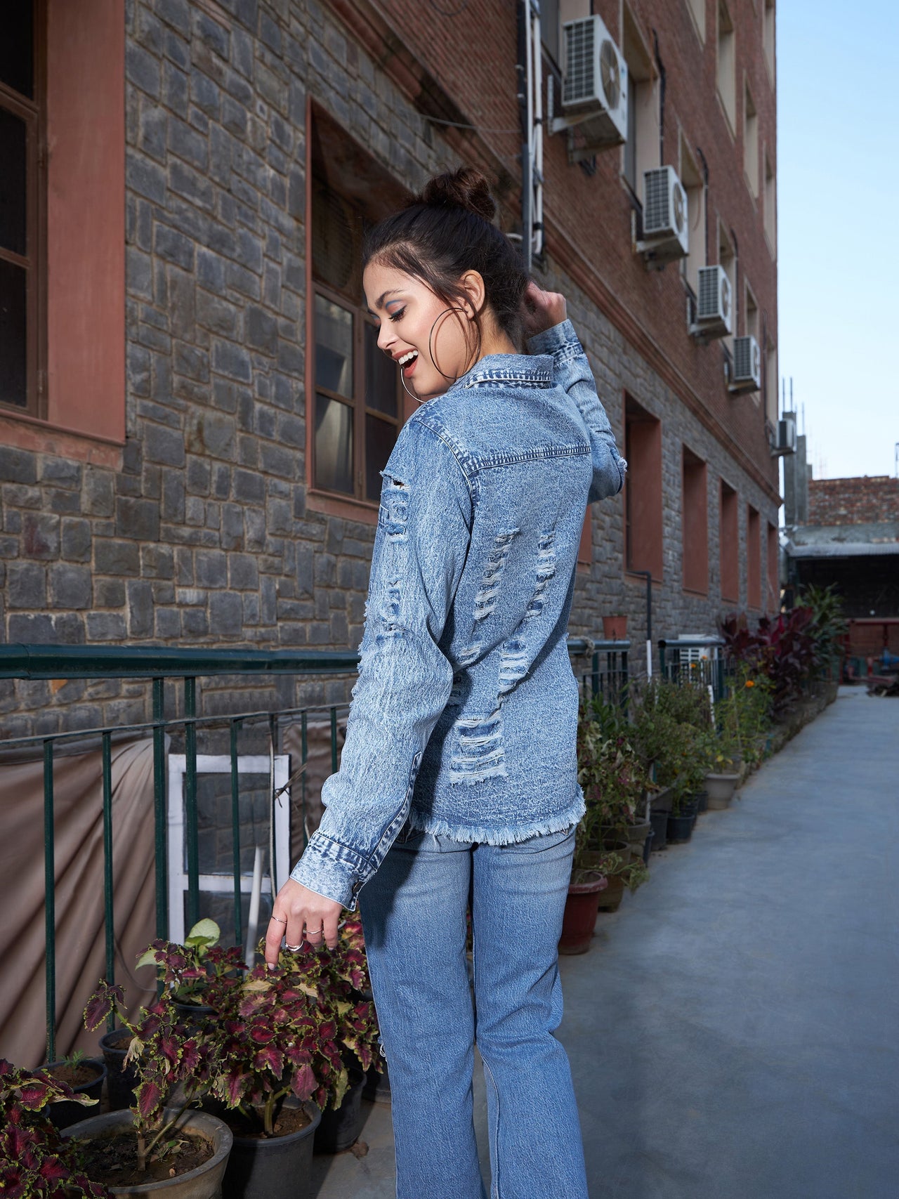 Lyush Women Blue Denim High Low Distressed Shirt - Distacart