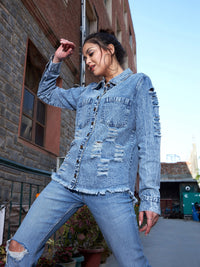 Thumbnail for Lyush Women Blue Denim High Low Distressed Shirt - Distacart