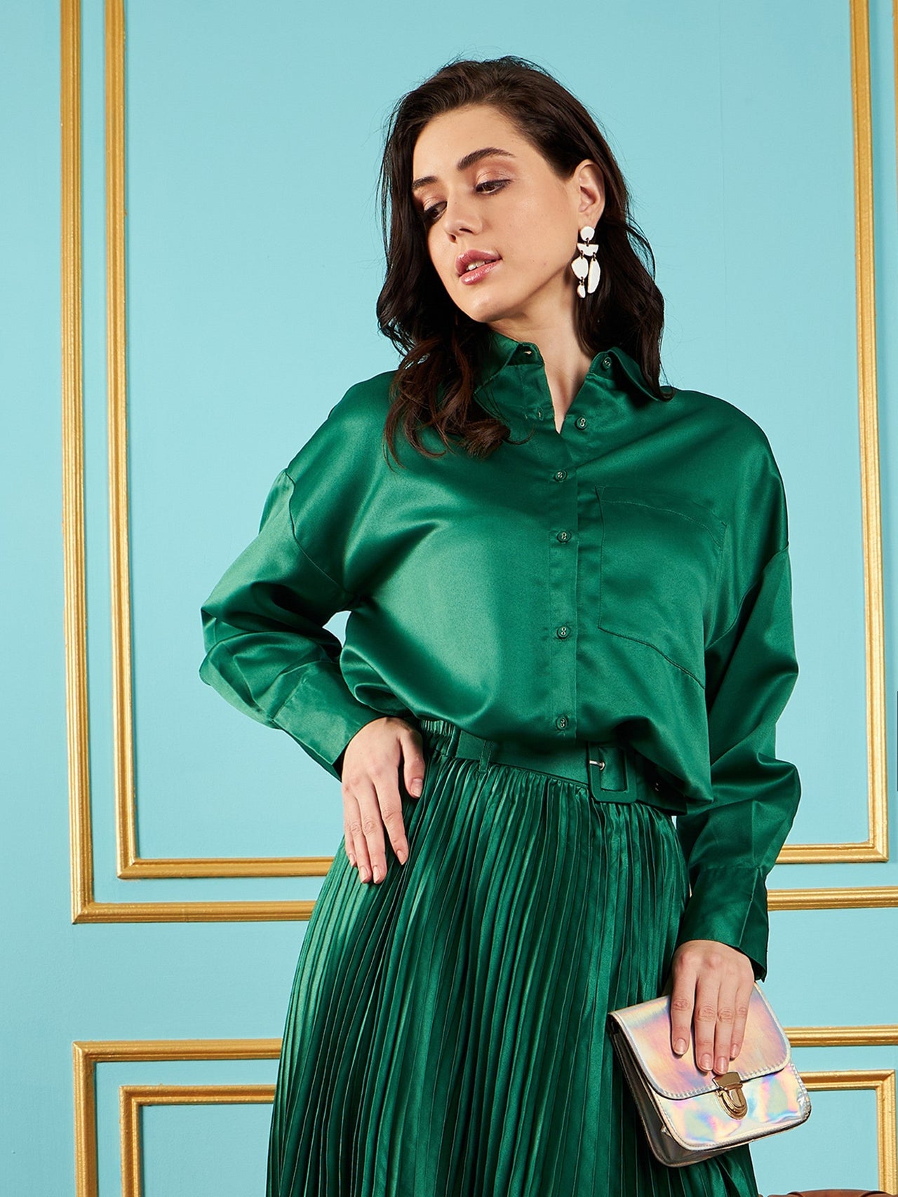 Lyush Women Green Satin Oversized Shirt - Distacart