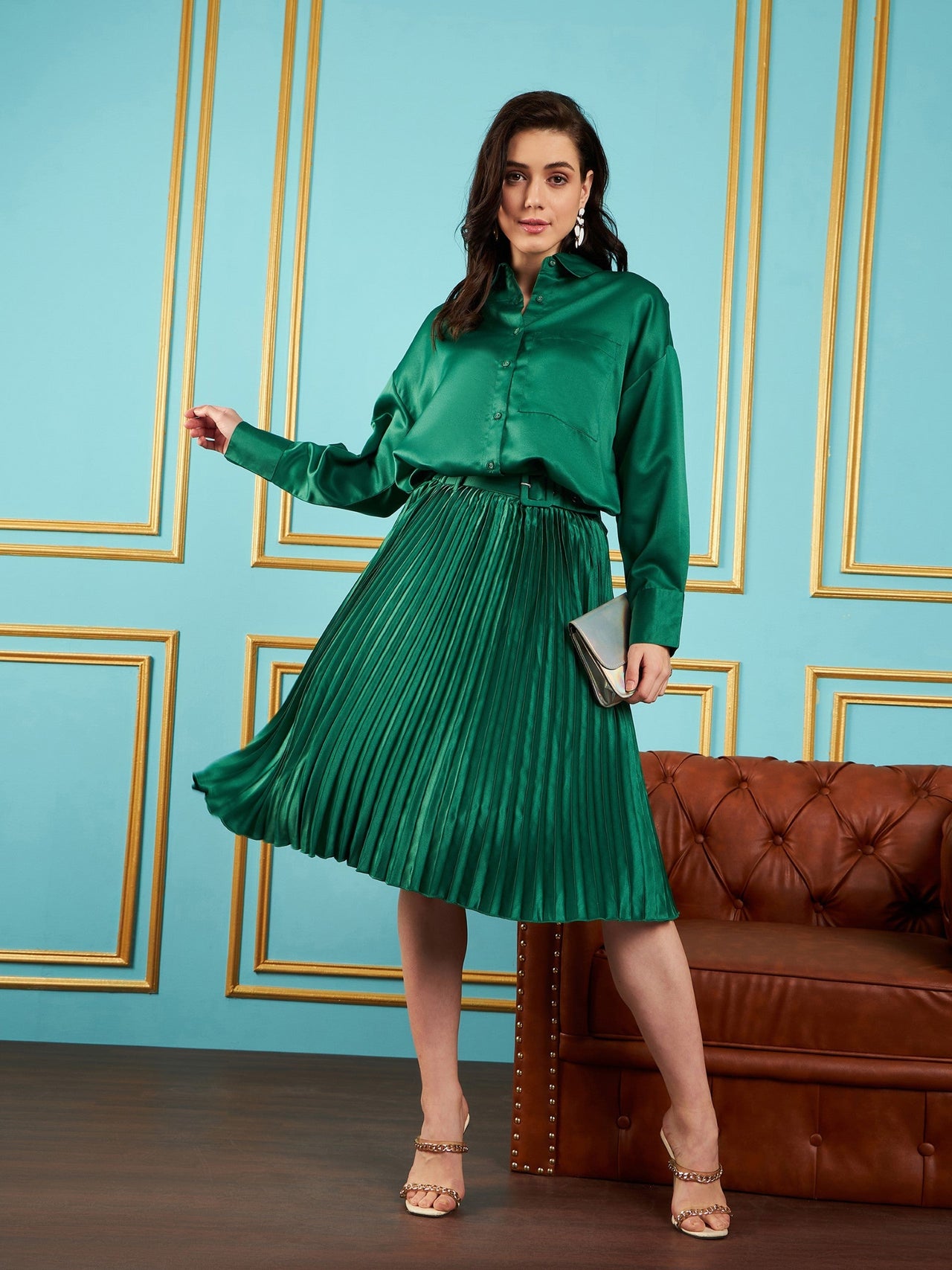 Lyush Women Green Satin Oversized Shirt - Distacart