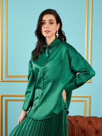 Thumbnail for Lyush Women Green Satin Oversized Shirt - Distacart