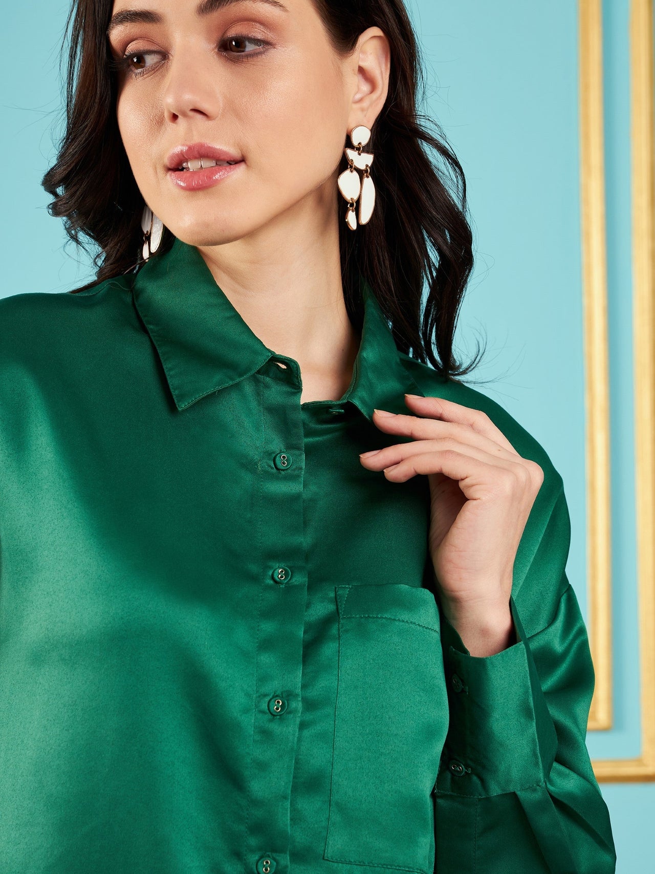 Lyush Women Green Satin Oversized Shirt - Distacart