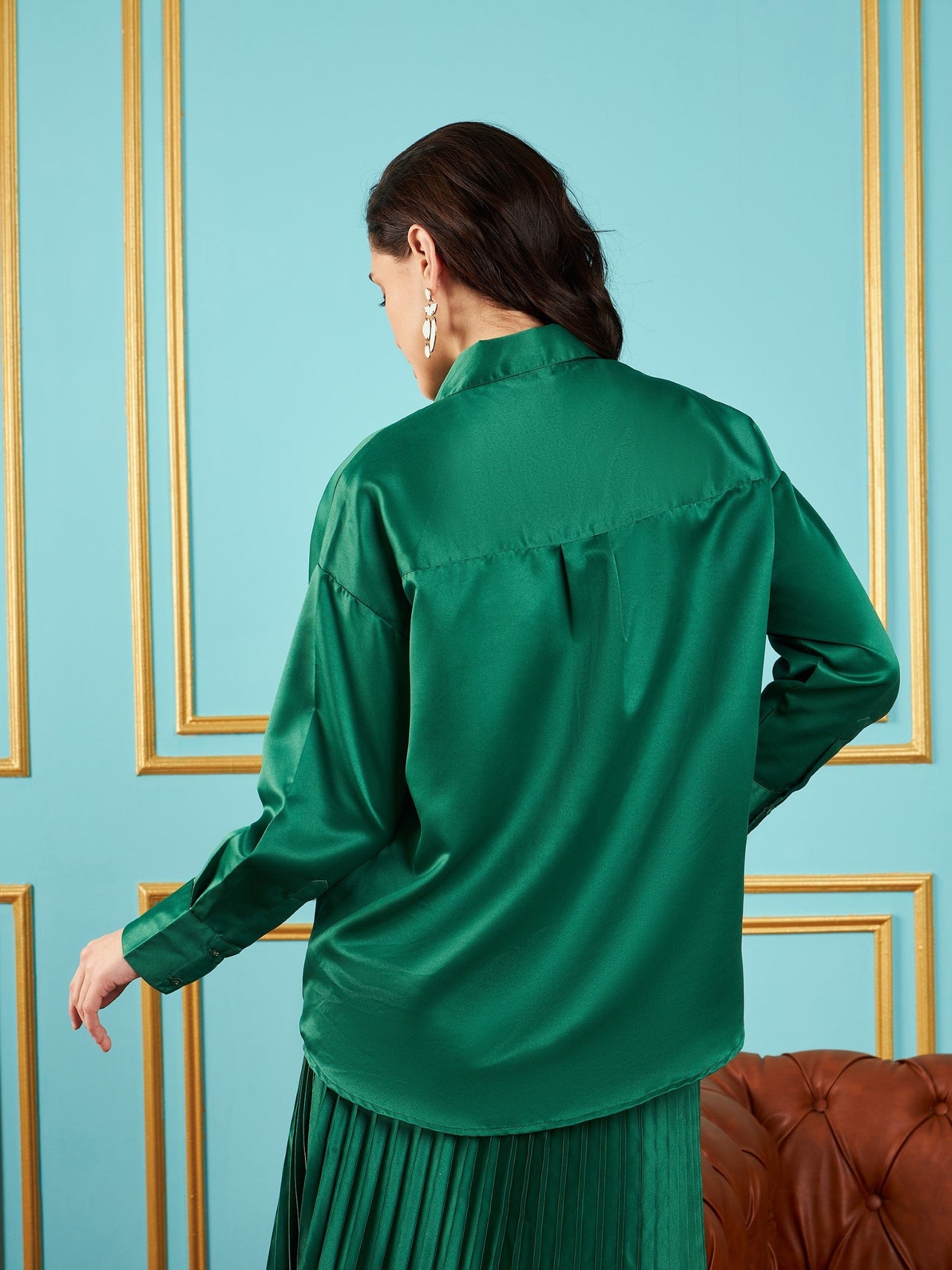 Lyush Women Green Satin Oversized Shirt - Distacart